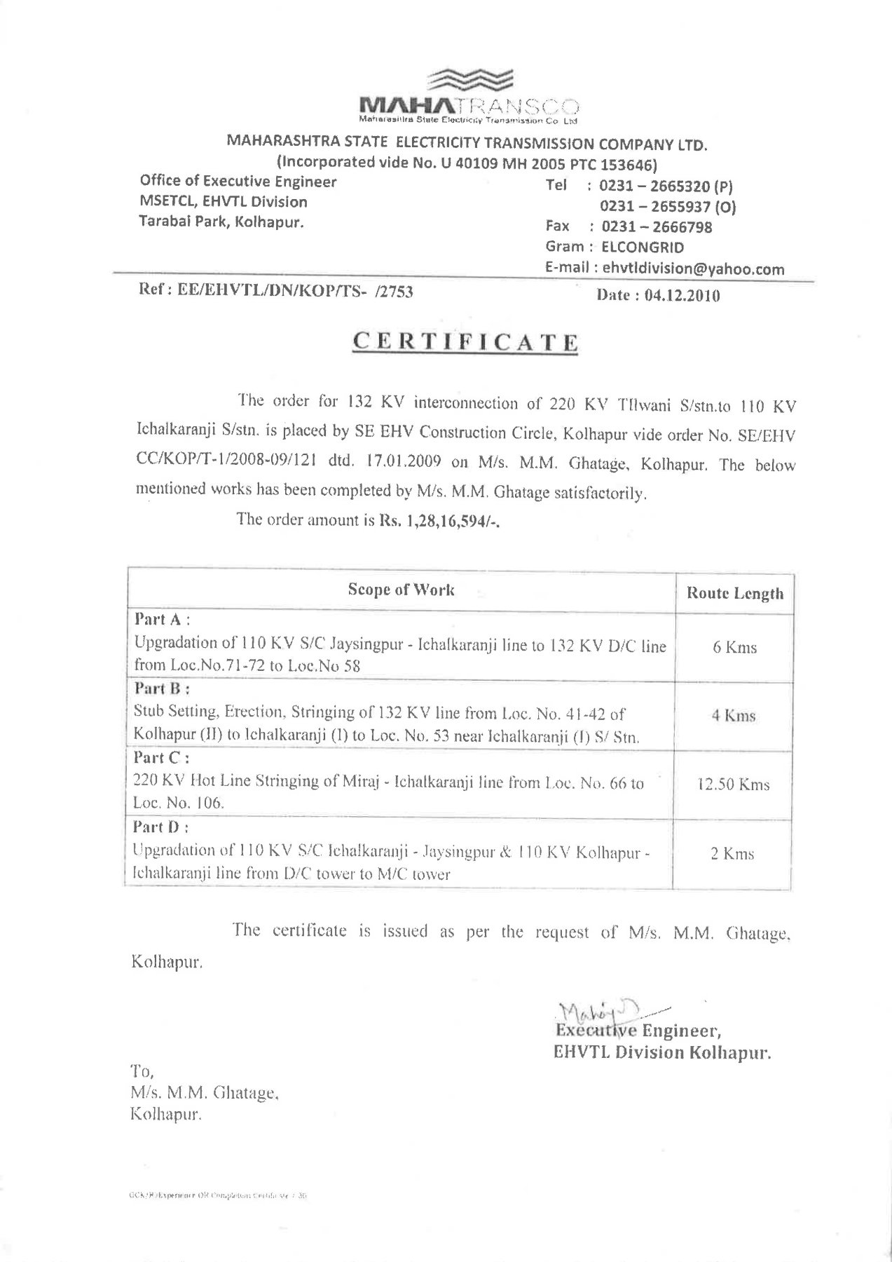 2753 220 kV Miraj , Ichalkaranji , Jaysingpur Lines 24 Kms